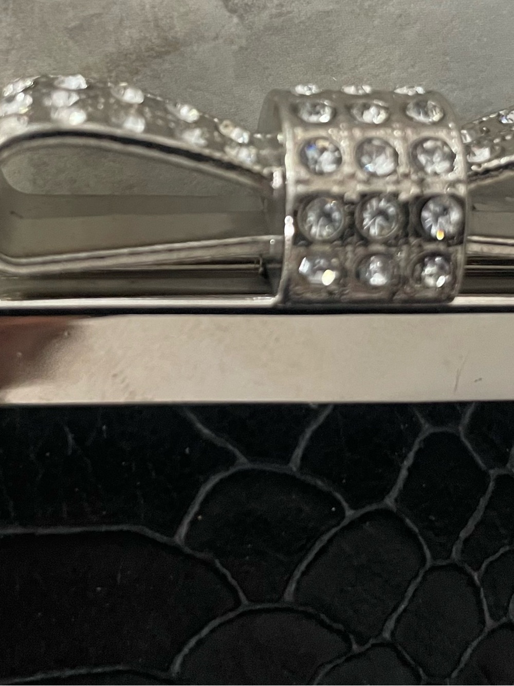 INC International Concepts Black Evening Clutch with Crystal Bow Accent, 10-1/2”